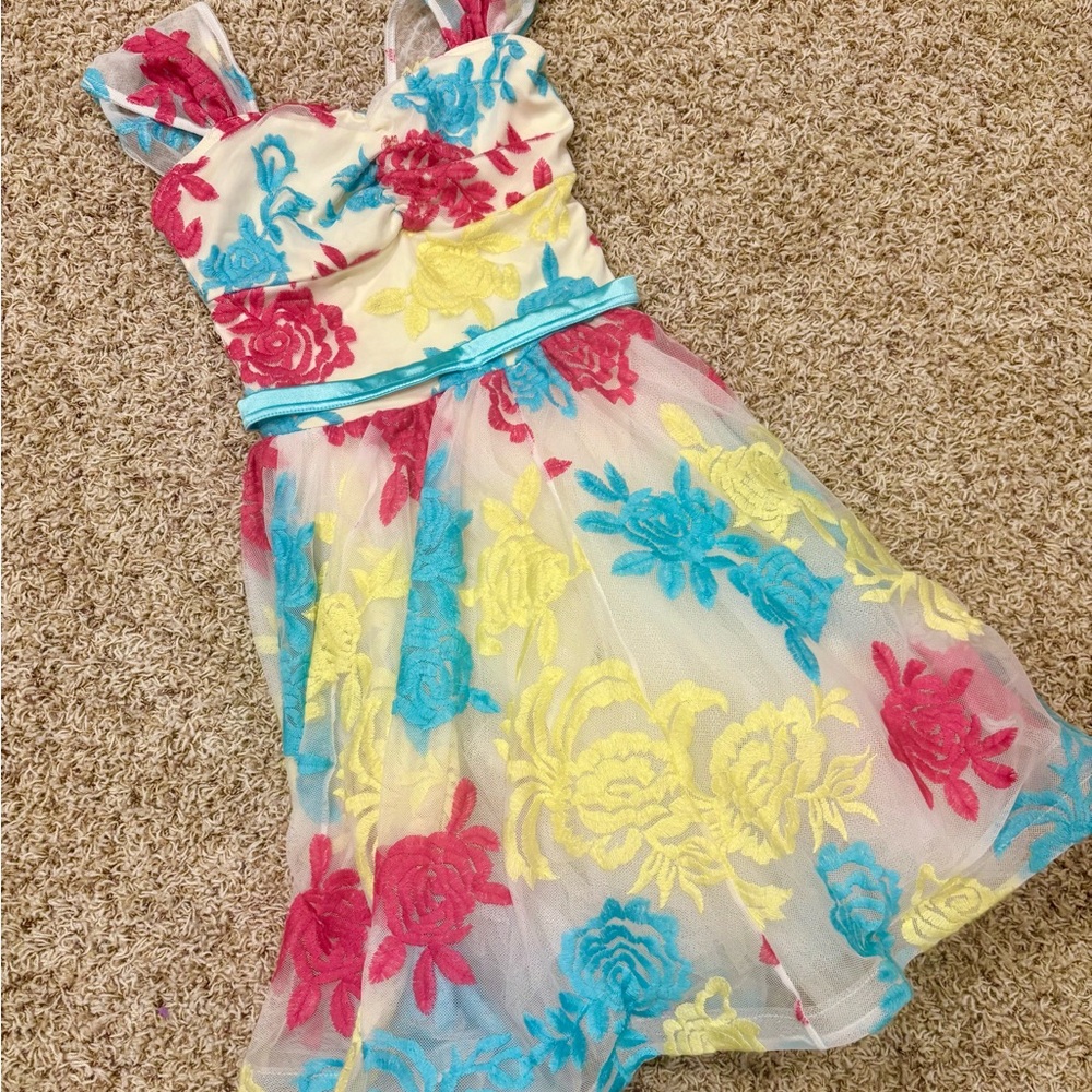 Weissman Floral Kids Tulle Dress with Fuchsia, Yellow, and Blue Accents